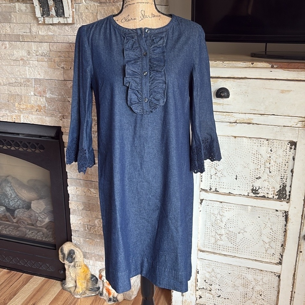 Draper James Ruffle Top Dark Wash Shift Dress Eyelet Bell Sleeve Shift Dress